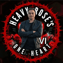 a man is standing in front of a heavy roses logo