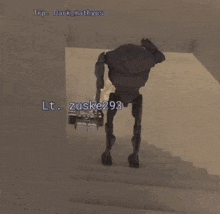 a robot is walking down a set of stairs holding a box .