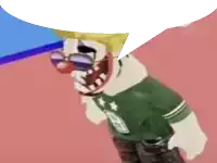 a clown wearing sunglasses and a green shirt has a speech bubble over his head