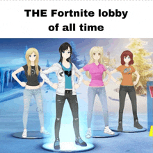 a group of anime girls standing next to each other with the words " the fortnite lobby of all time " above them