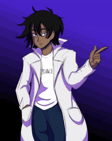 a drawing of a person wearing a white coat and a shirt that says peace