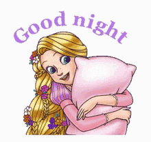 rapunzel from tangled is hugging a pink pillow and says good night .