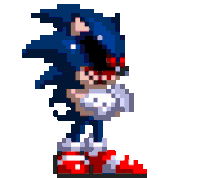 a pixel art of a sonic the hedgehog with red eyes and red shoes