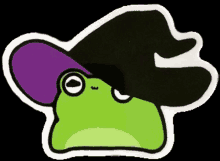 a green frog wearing a witch hat with a purple rim