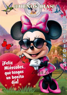 a picture of minnie mouse wearing sunglasses holding a heart