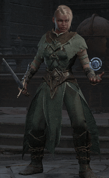 a woman in a green dress is holding a sword in her hand