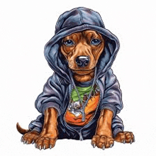 a dachshund puppy wearing a hoodie and a t-shirt is sitting down .