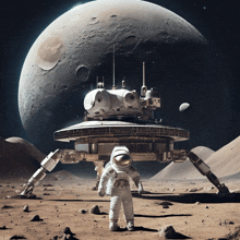 an artist 's impression of an astronaut standing in front of a lunar rover