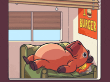 a cartoon drawing of a bear laying on a couch in front of a sign that says burger