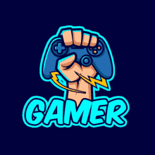 a cartoon illustration of a fist holding a video game controller and the word gamer below it