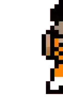 a pixel art drawing of a man in a black and orange suit .