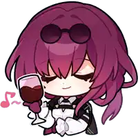 a girl with purple hair and sunglasses is holding a glass of wine