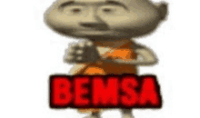 a cartoon character is standing in front of a white background with the word bemsa in red letters .