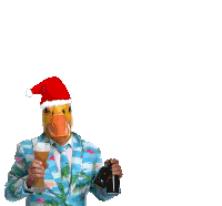 a man wearing a santa hat is holding a bottle of beer