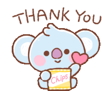 a koala bear is holding a bag of chips and says thank you .