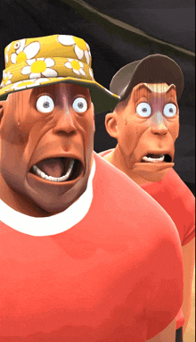 two cartoon characters one wearing a yellow hat and the other wearing a red shirt are making funny faces