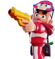 a cartoon character holding a yellow gun with a pink hat on his head