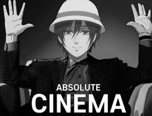 a black and white drawing of a man in a hat with the words absolute cinema below him