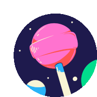 an illustration of a pink lollipop with a blue stem