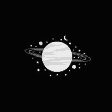 a black and white drawing of a planet with rings around it .