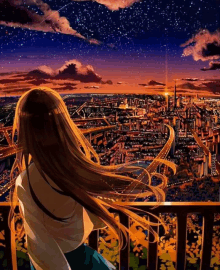 a girl with long hair is standing on a balcony overlooking a city