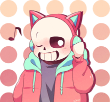 a drawing of a skeleton wearing cat ear headphones and a pink hoodie