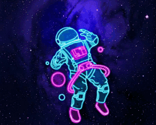 a neon drawing of an astronaut with the letter l on the back of his suit