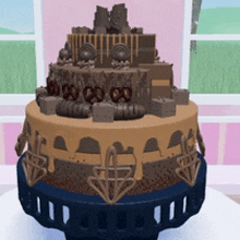 a cake with a lot of chocolate decorations on it