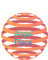 a logo for angel place with a striped sphere in the center