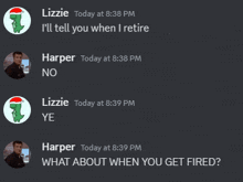 a screenshot of a discord conversation between lizzie harper and harper