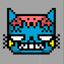 a pixel art drawing of a blue cat with a yellow nose