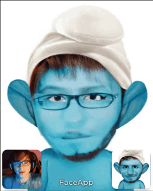 a smurf with glasses and a white hat has faceapp written below it