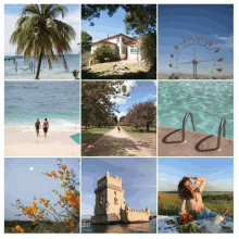 a collage of pictures shows a beach a house a ferris wheel a pool and a woman on a picnic