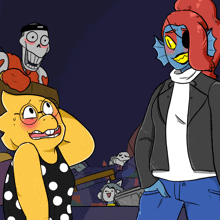 a couple of cartoon characters standing next to each other with one of them being a fish