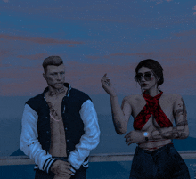 a man in a varsity jacket stands next to a woman in a bikini