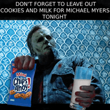 a picture of a zombie holding a bag of mini chips ahoy cookies and a glass of milk