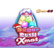 an advertisement for sugar rush xmas has a santa hat on