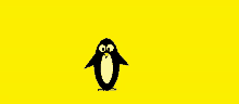 a penguin with big eyes and a yellow beak is standing on a yellow background