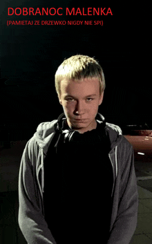 a young man in a gray hoodie is on a poster that says dobranoc malenka