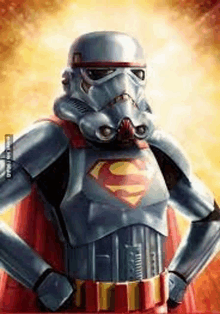 a storm trooper is dressed up as superman .