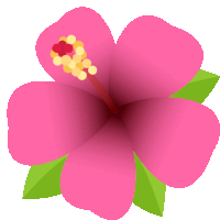 a pink hibiscus flower with green leaves and a red center