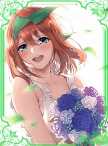 a girl with a green headband is holding a bouquet of flowers