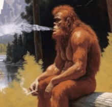 a painting of a bigfoot smoking a cigarette in front of a lake