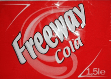 a bottle of freeway cola with a swirl design