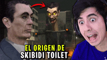 a man wearing headphones and a blue shirt with the words el origen de skibidi toilet below him