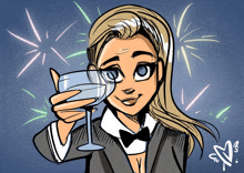 a drawing of a woman in a tuxedo holding a glass of wine