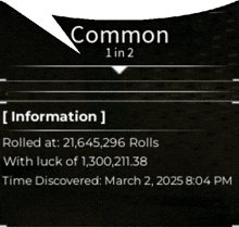 a screenshot of a game that says common 1 in 2 on it