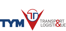 a blue and red logo for tym transport logistic & ul