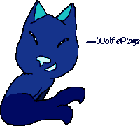 a drawing of a blue cat with the name wolfieplayz underneath it