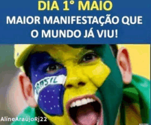 a man with a brazilian flag painted on his face is screaming